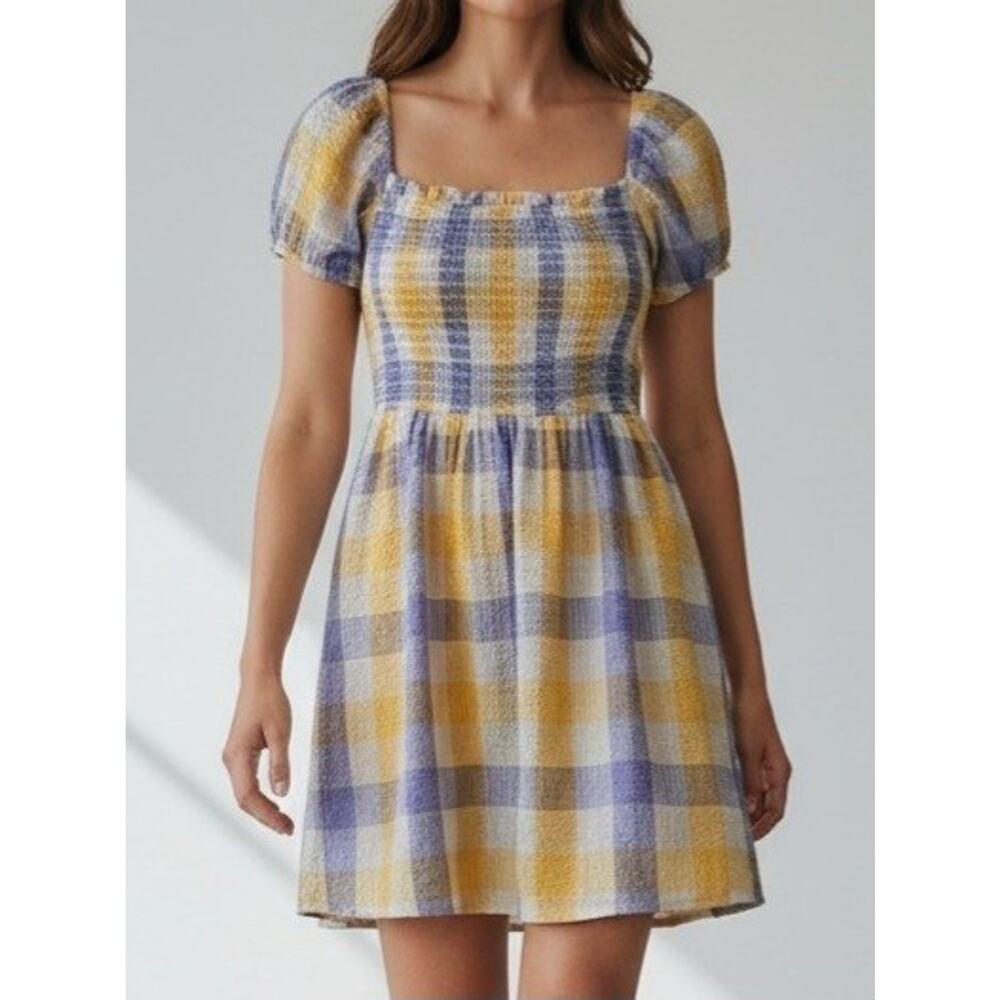 NWT Arizona Jean Co Seersucker Gingham Plaid Smocked Dress Size M Balloon Sleeve